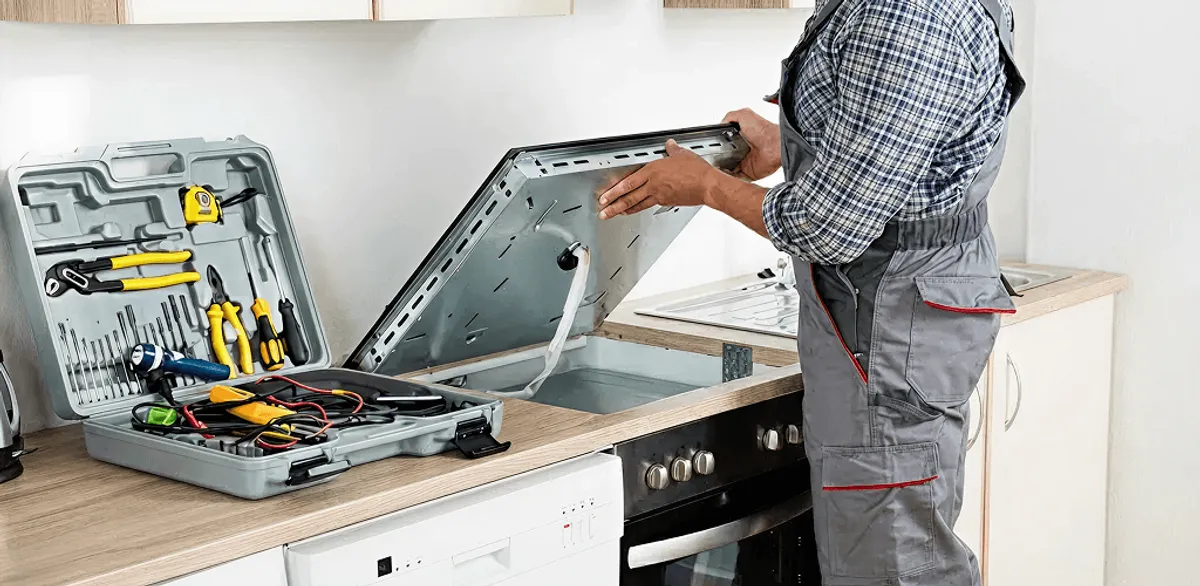 Handyman repairing a cooktop and checking wiring connections in Tempe, AZ