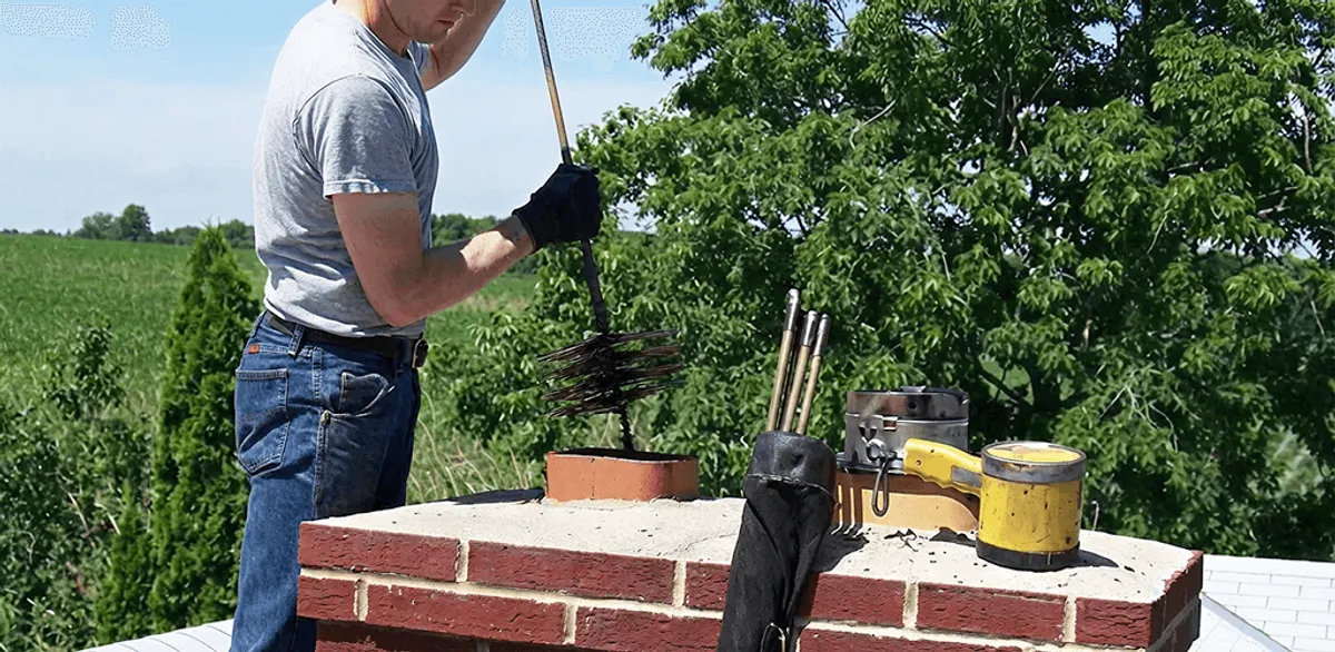 Chimney cleaning technician working on a rooftop chimney with professional tools in Tempe, AZ