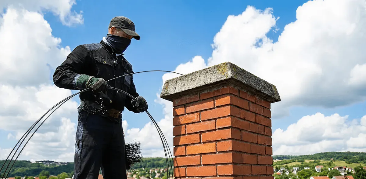 Chimney sweep cleaning a brick chimney with professional tools in Tempe, AZ