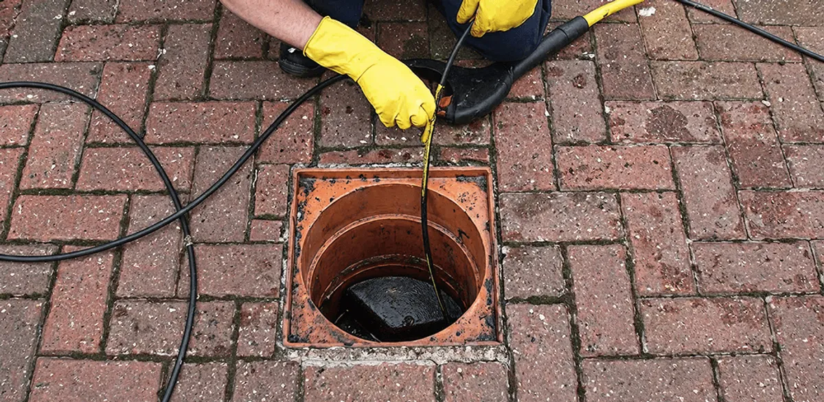 Drain cleaning technician using a drain snake to clear a clogged drain in Tempe, AZ