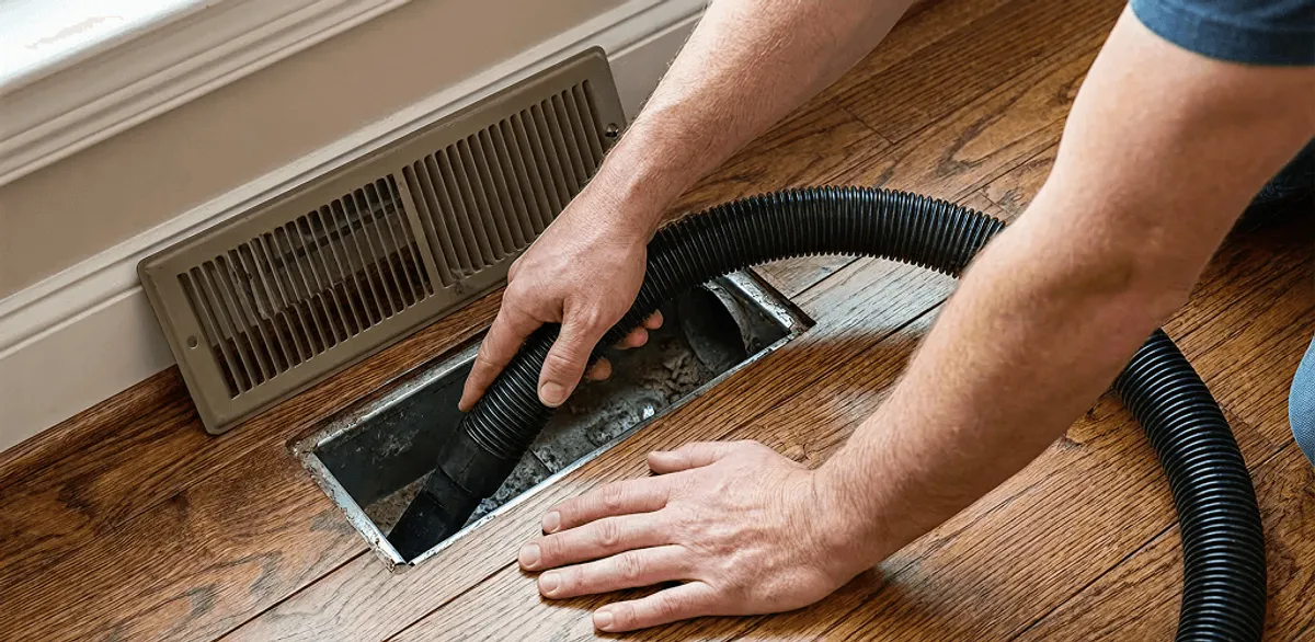 Air duct cleaning technician vacuuming a floor register and duct opening in Tempe, AZ