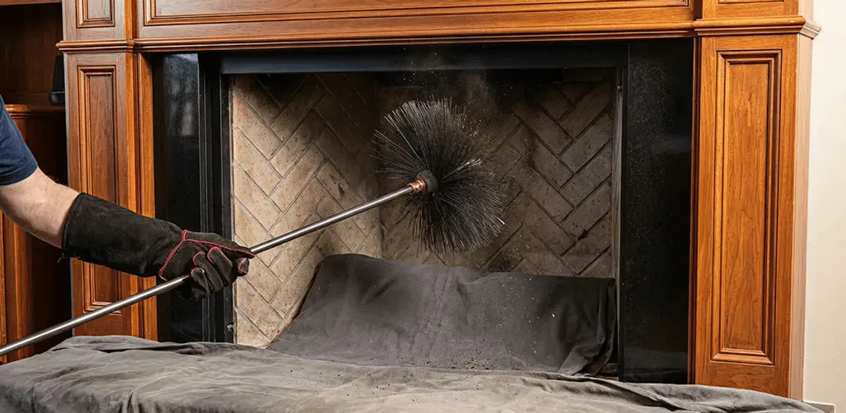 Chimney cleaning service brushing soot from a fireplace and flue in Tempe, AZ