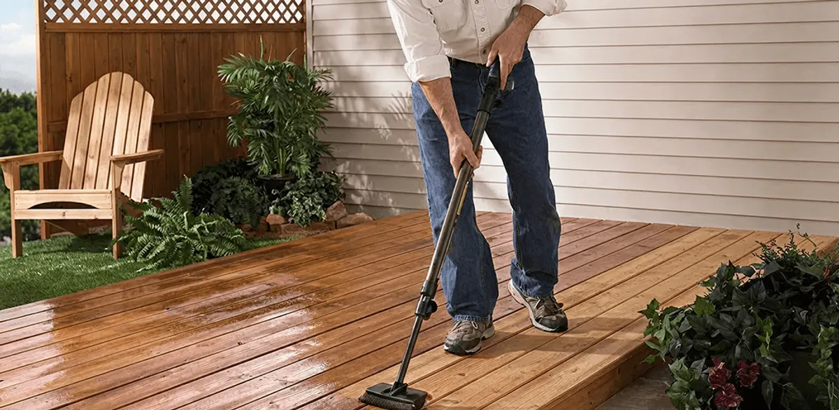Deck staining service applying stain to a backyard wood deck in Tempe, AZ